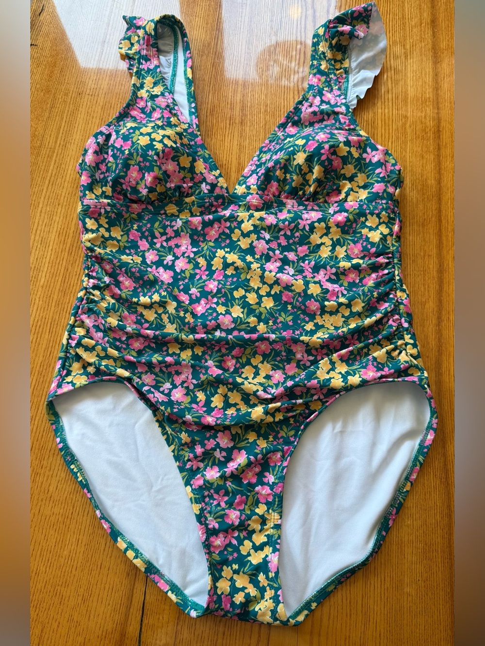 Kona Sol Teal Floral One-Piece Swimsuit with Pink & Yellow Flowers